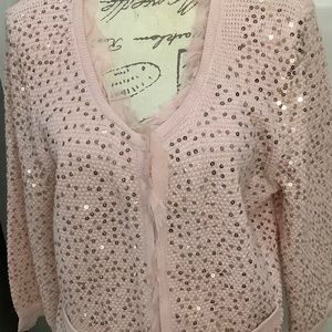 Nue Option Pink Sequined knit Cardigan with pockets. Size PXL